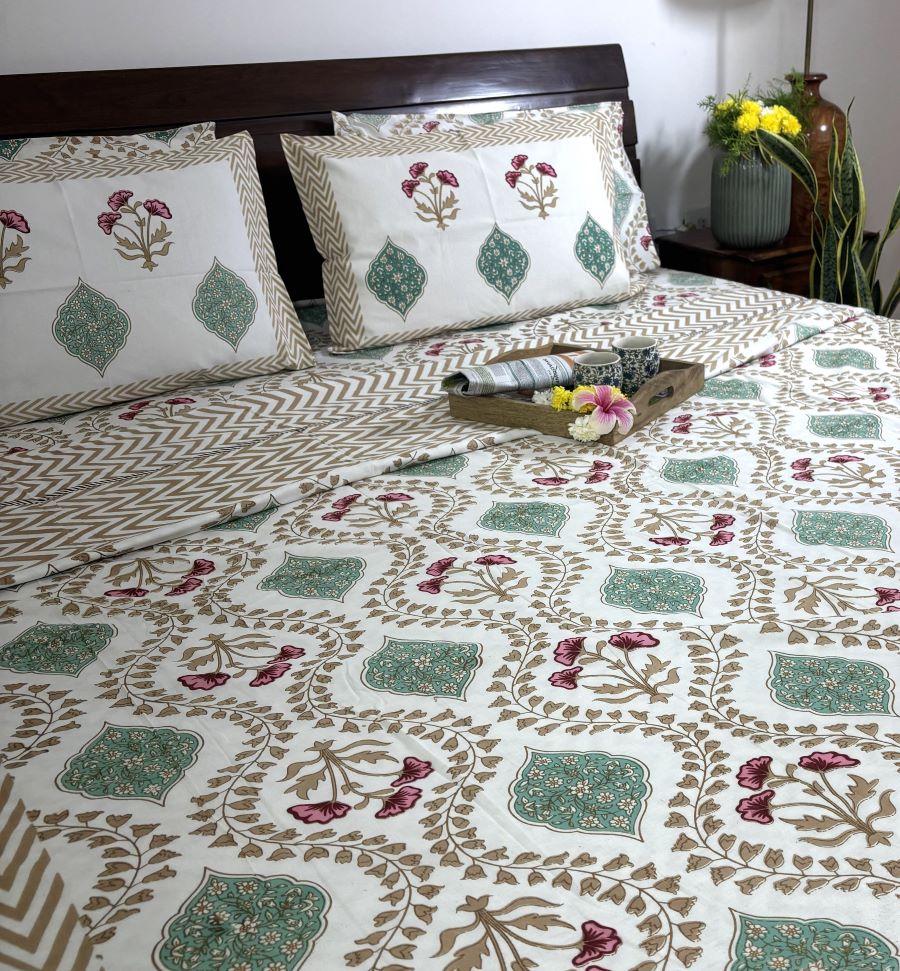 Pink Hibiscus on Gold Hand Block Muslin Dohar