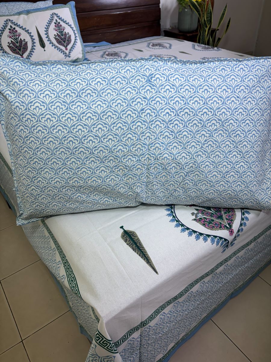 Blue Lily of Valleys Hand Block Bedsheet with 2 Pillow Cover Set - 220TC