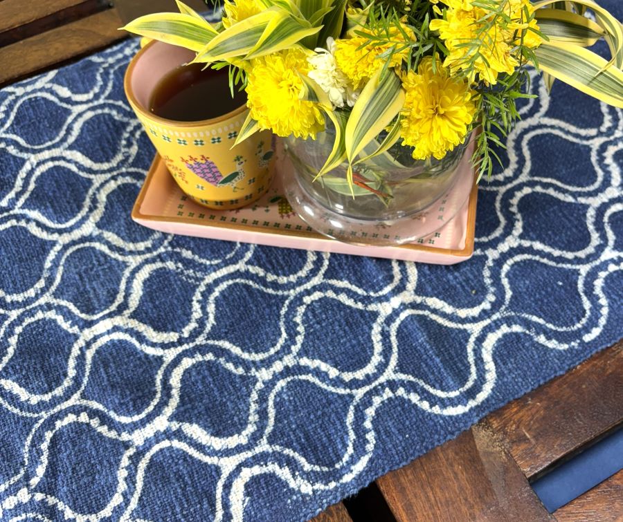Indigo Batik Hand Block Printed Jute Table Runner