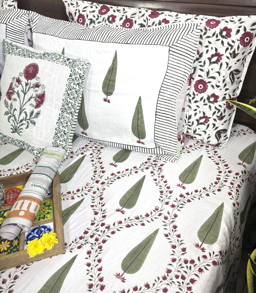 Green & Maroon Tree of Life Patterns Hand Block Bedsheet with 2 Pillow Cover Set - 400TC