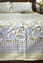 Green Flower Jaal Patterns Hand Block Bedsheet with 2 Pillow Cover Set - 400TC