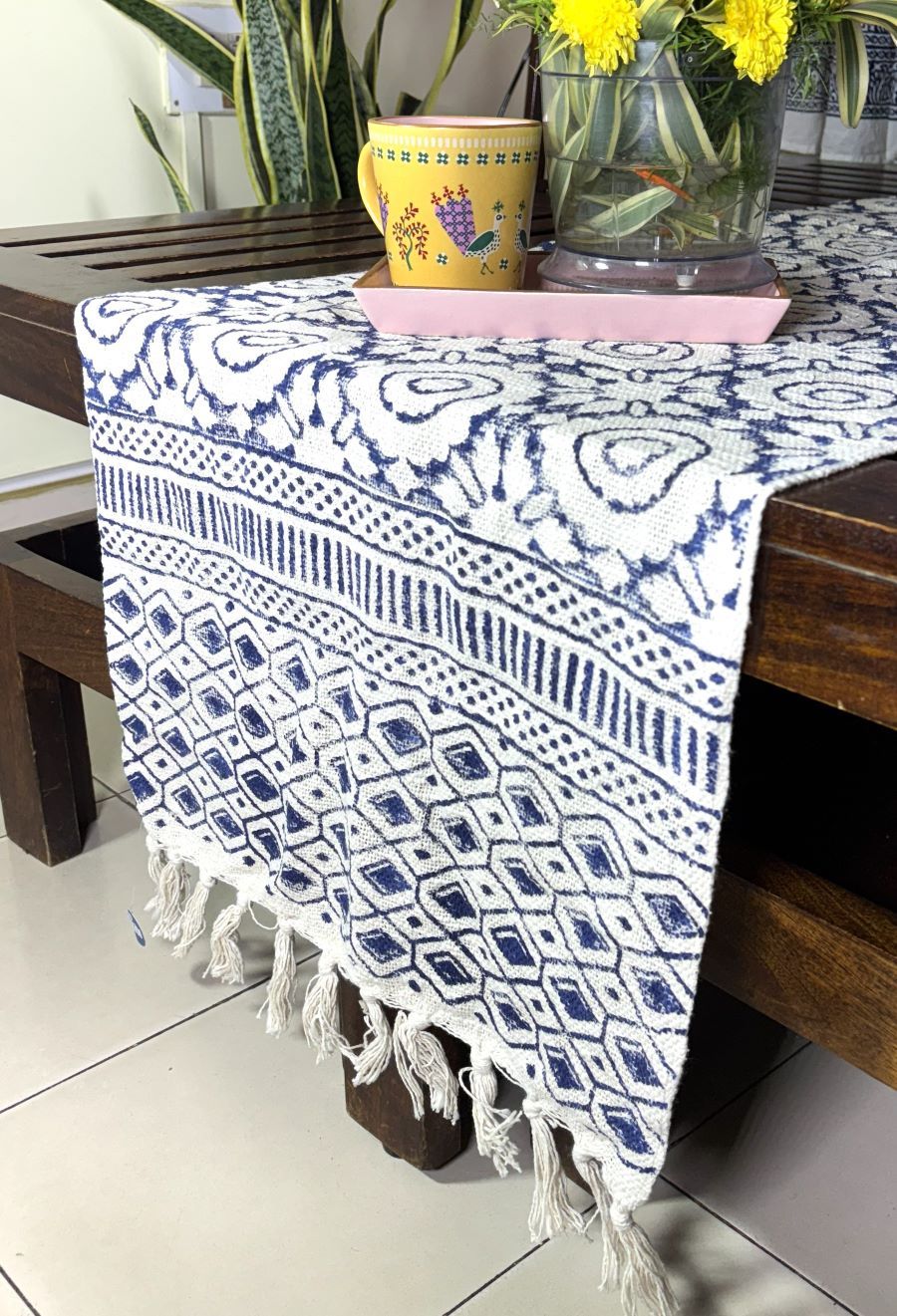 Blue Circular Motif Hand Block Printed Jute Table Runner