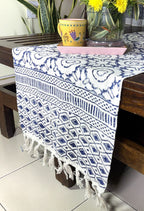Blue Circular Motif Hand Block Printed Jute Table Runner