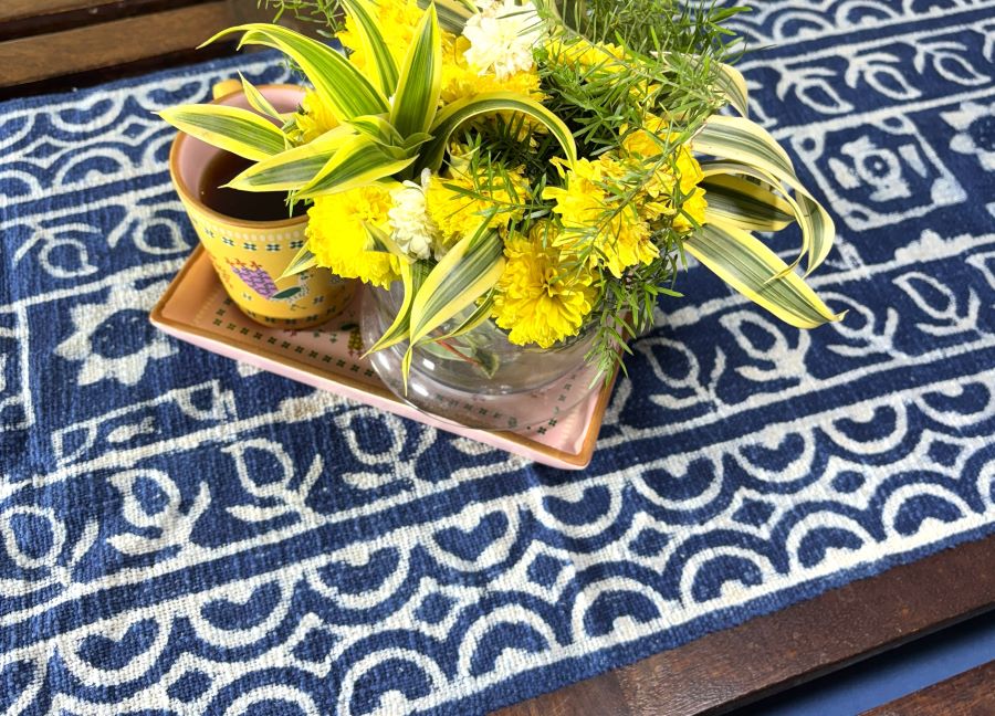 Traditional Indigo Hand Block Printed Jute Table Runner