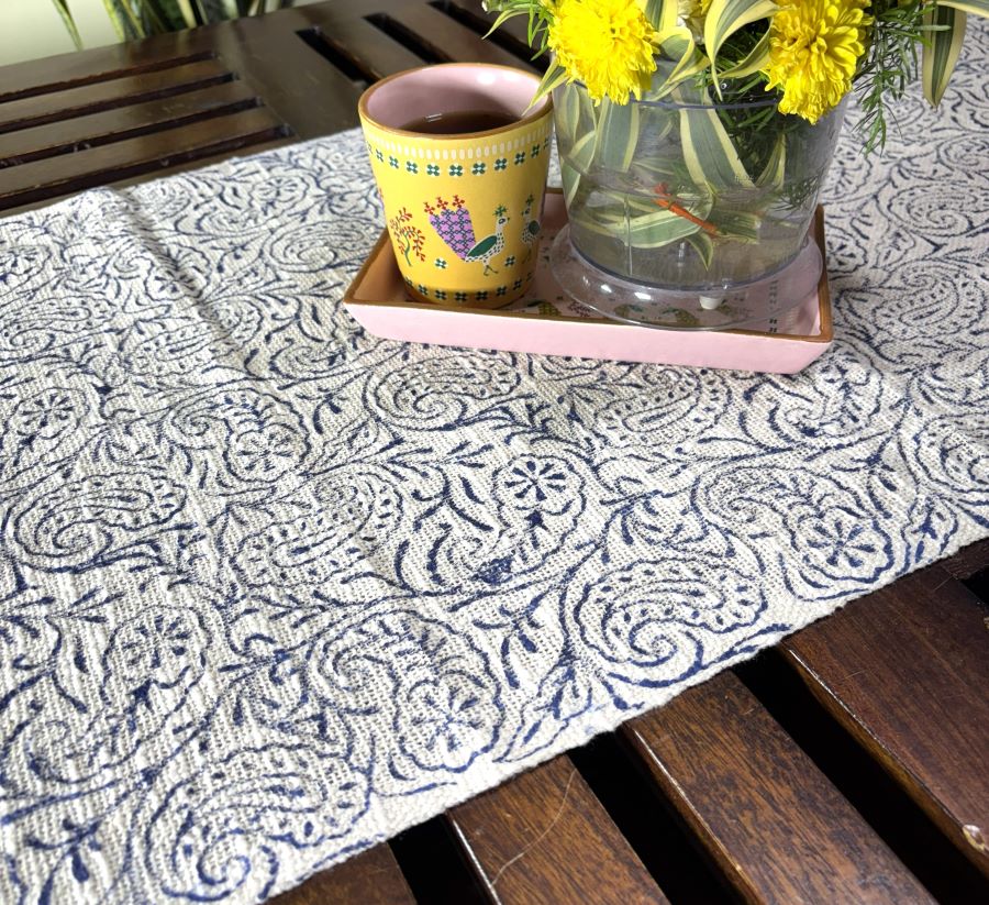 Blue Paisley Floral Hand Block Printed Jute Table Runner
