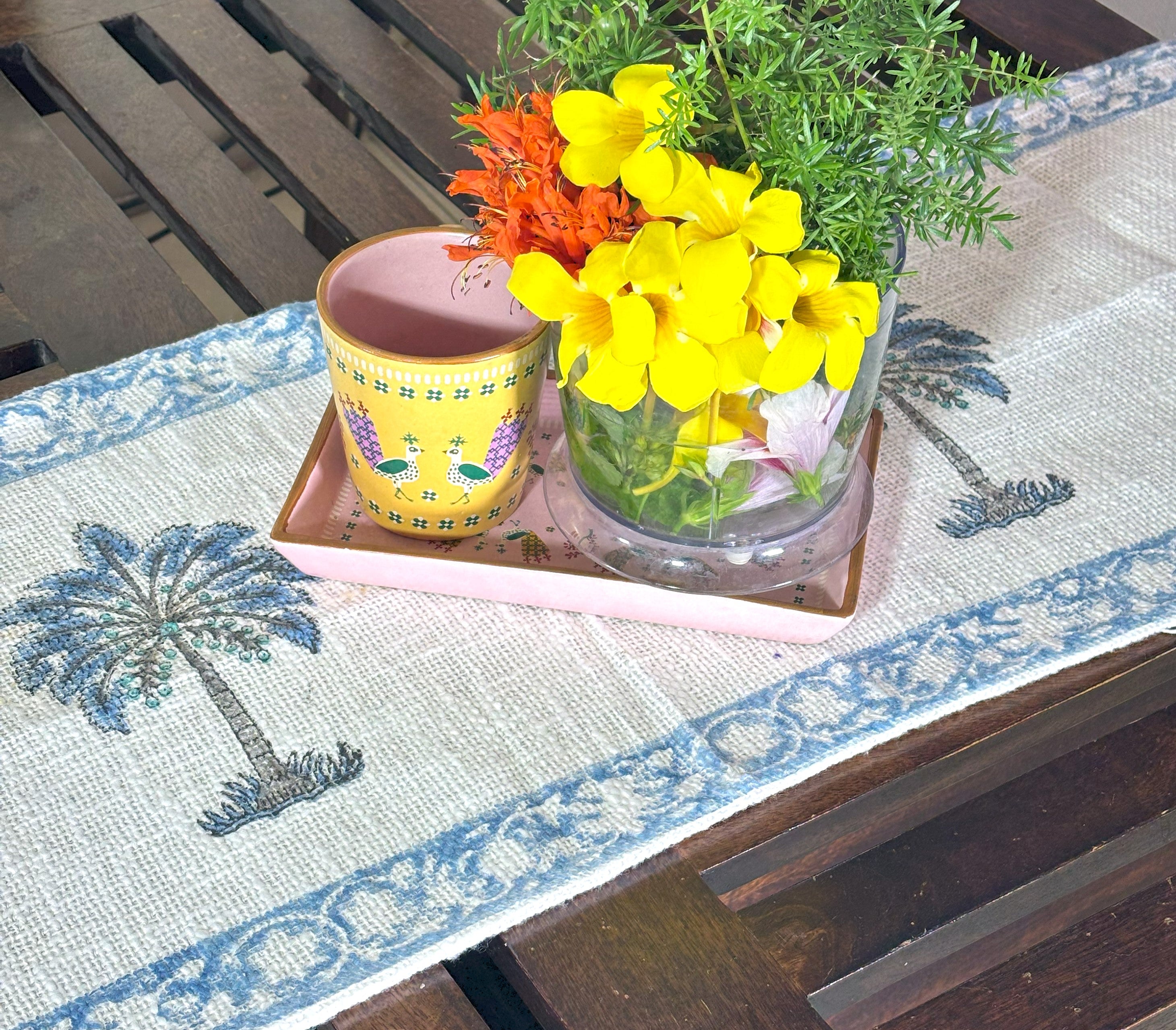 Blue Palm Tree Hand Block Printed Jute Table Runner