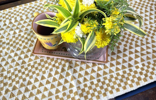 Beige Geometric Triangle Hand Block Printed Jute Table Runner