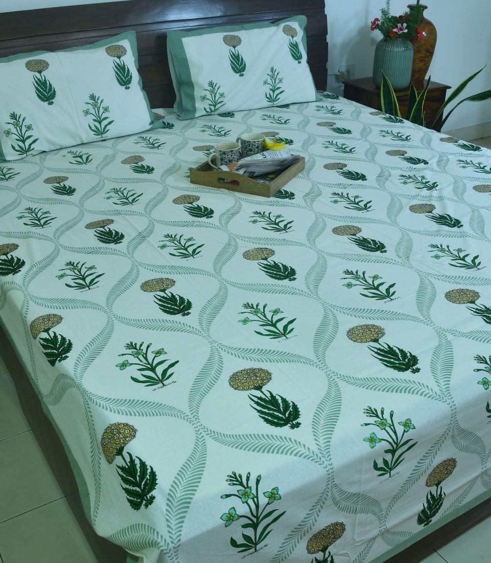 Marigold with Purple Lily Hand Block Bedsheet with 2 Pillow Cover Set - 220TC