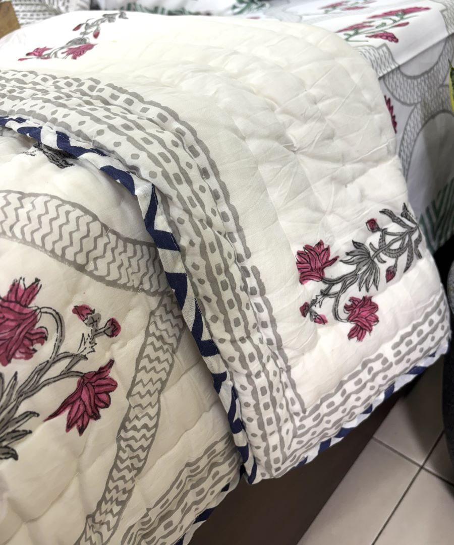 Pink & Blue Lilly Patterns Hand Block  & Quilt/ Razai