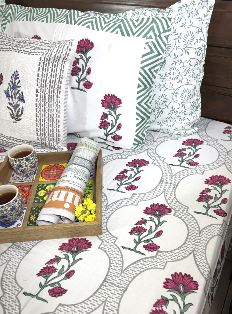 Deep Pink Carnation Flower Patterns Hand Block Bedsheet with 2 Pillow Cover Set - 400TC