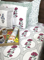 Deep Pink Carnation Flower Patterns Hand Block Bedsheet with 2 Pillow Cover Set - 400TC