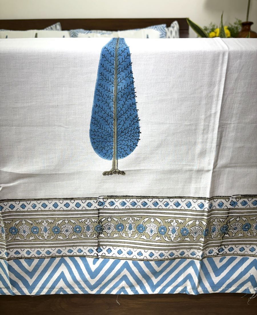 Blue Tree Motif  Hand Block Bedsheet with 2 Pillow Cover Set - 400TC