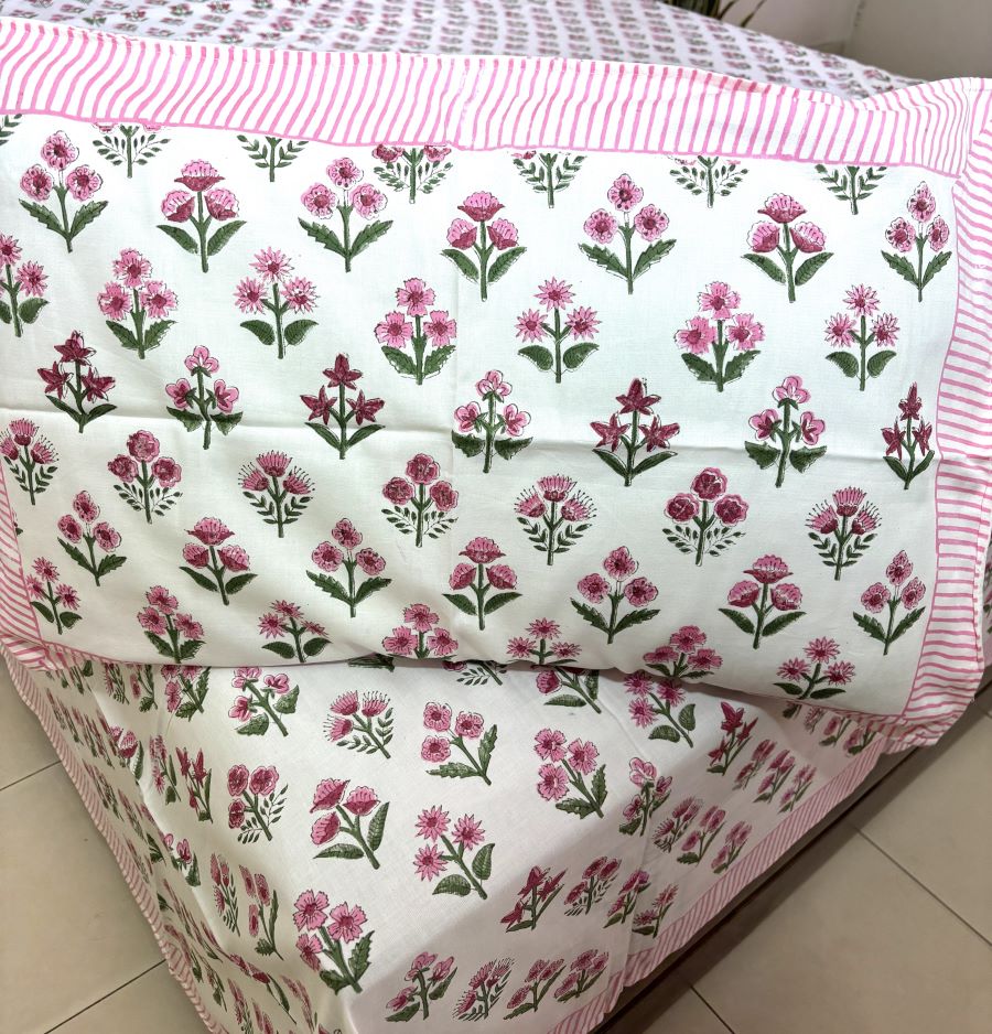 Pink Small Butta Patterns Hand Block Bedsheet with 2 Pillow Cover Set - 400TC