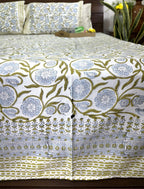 Green Flower Jaal Patterns Hand Block Bedsheet with 2 Pillow Cover Set - 400TC