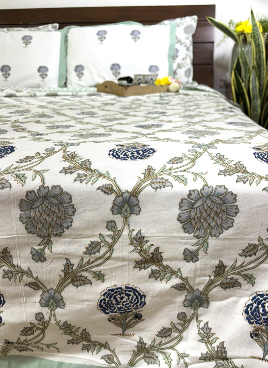 Jacobean floral Blue & Grey Hand Block Muslin Dohar