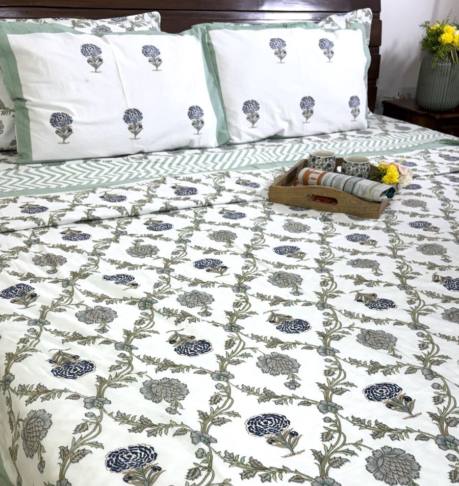 Jacobean floral Blue & Grey Hand Block Muslin Dohar