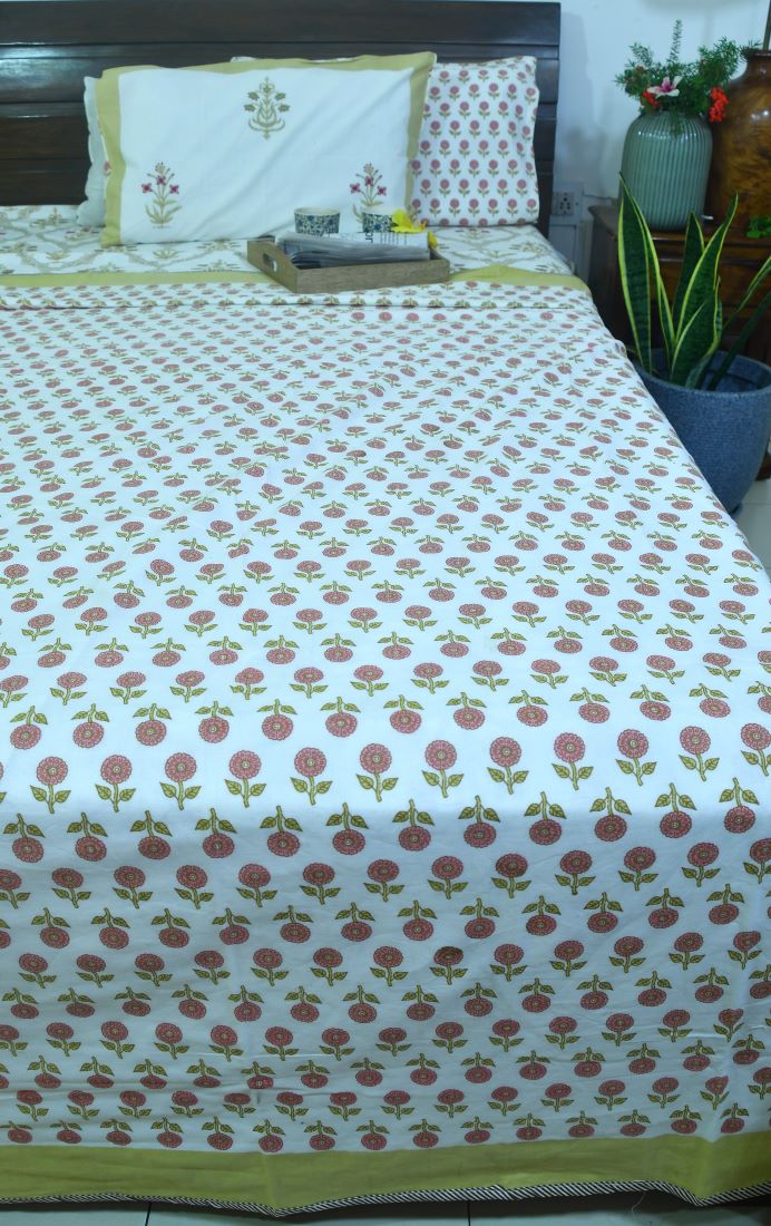 Red & Yellow Lilly Mughal Jaal  Bedsheet & Dohar Set – Hand Block Printed