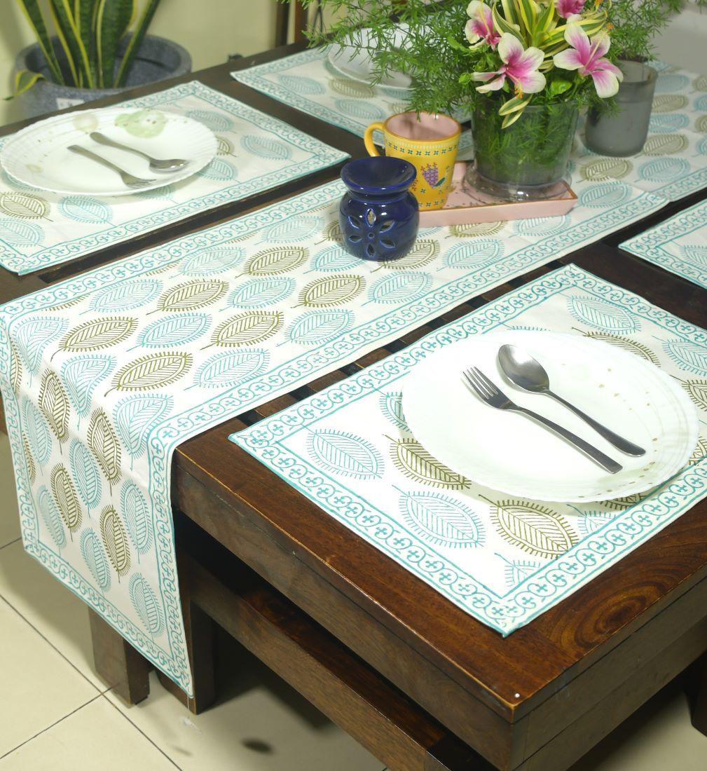 Mehndi Green & Blue Petal Hand Block Cotton Canvas Table Runner