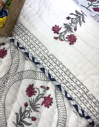 Pink & Blue Lilly Patterns Bedsheet & Quilt/ Razai Set - Hand Block Printed