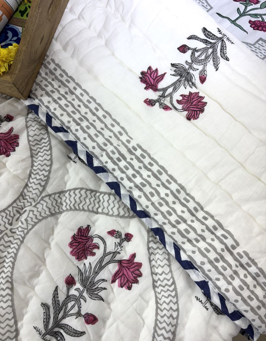 Pink & Blue Lilly Patterns Hand Block  & Quilt/ Razai