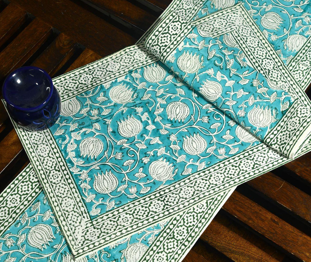 Gaandhar Ke Hare Kamal Hand Block Cotton Canvas Table  Runner & Mat Set