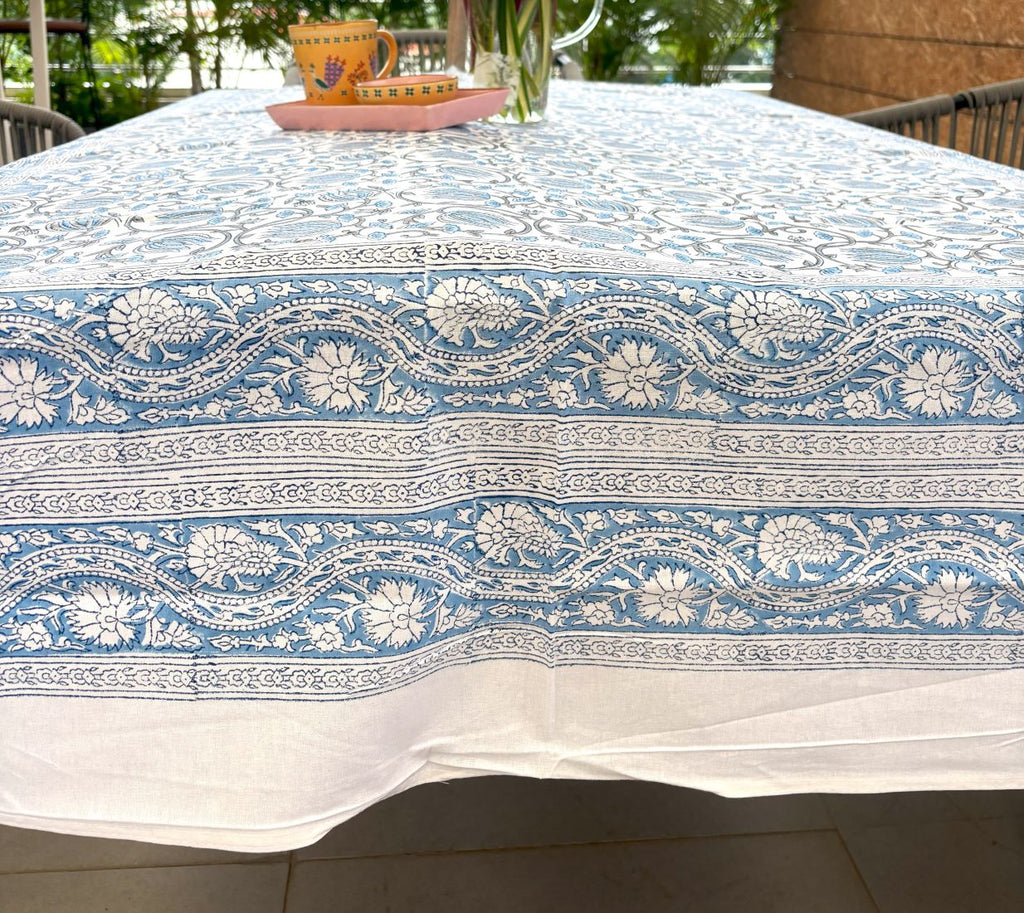 Blue Lotus Hand Block Rectangle Table Cover /Cloth