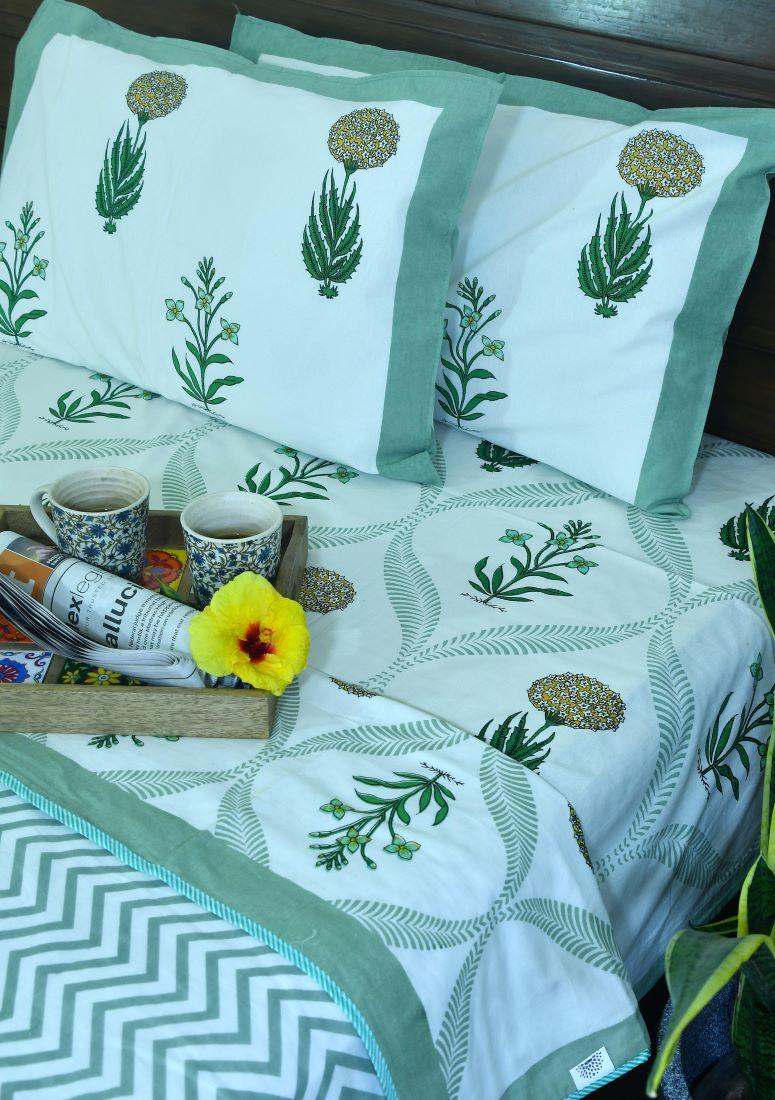 Marigold with Purple Lilly Bedsheet & Dohar Set – Hand Block Printed