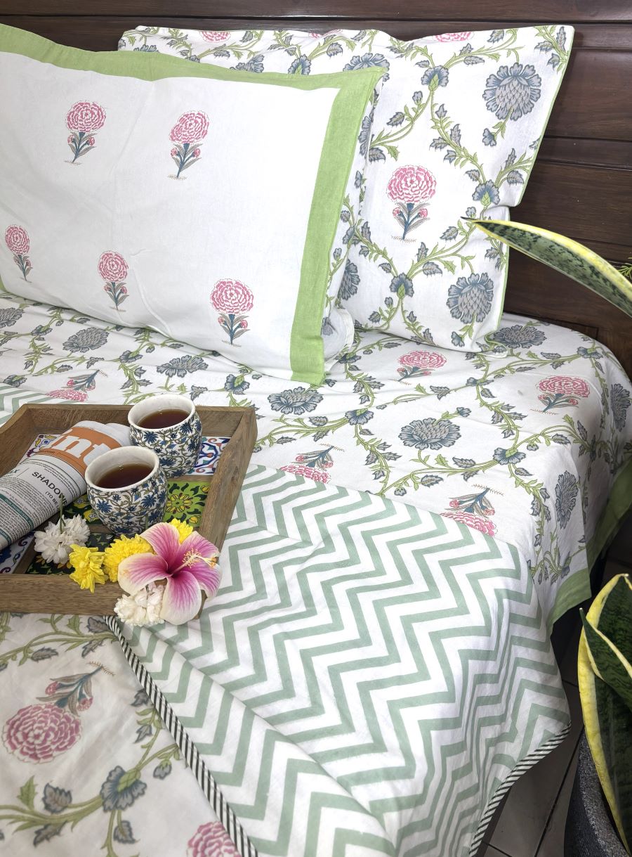 Jacobean floral Pink & Grey Hand Block Muslin Dohar