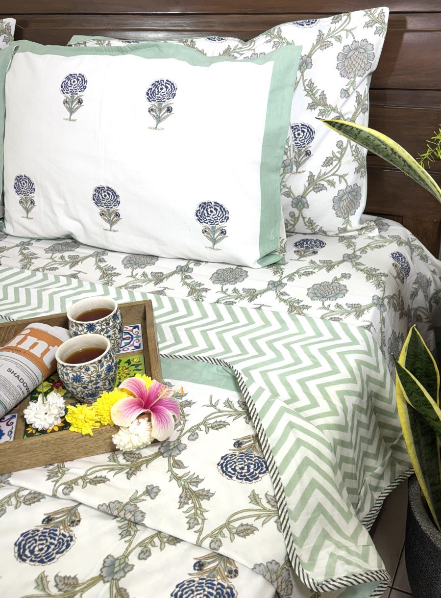 Jacobean floral Blue & Grey Hand Block Muslin Dohar