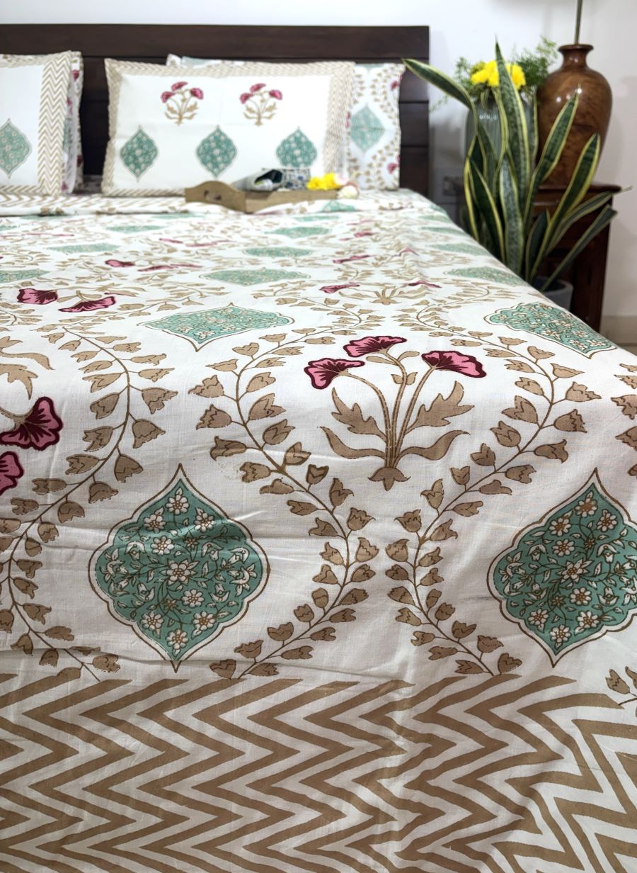 Pink Hibiscus on Gold Hand Block Muslin Dohar