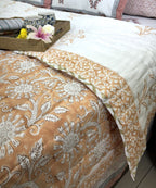 Orange Round Flower Jaal Patterns Bedsheet & Quilt/ Razai Set - Hand Block Printed