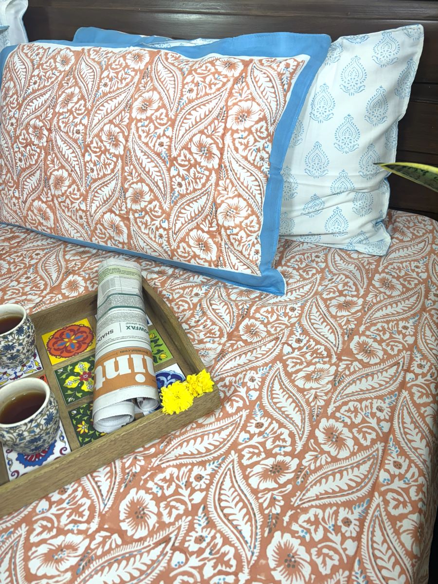 Orange Leaf Patterns  Hand Block Bedsheet with 2 Pillow Cover Set - 400TC