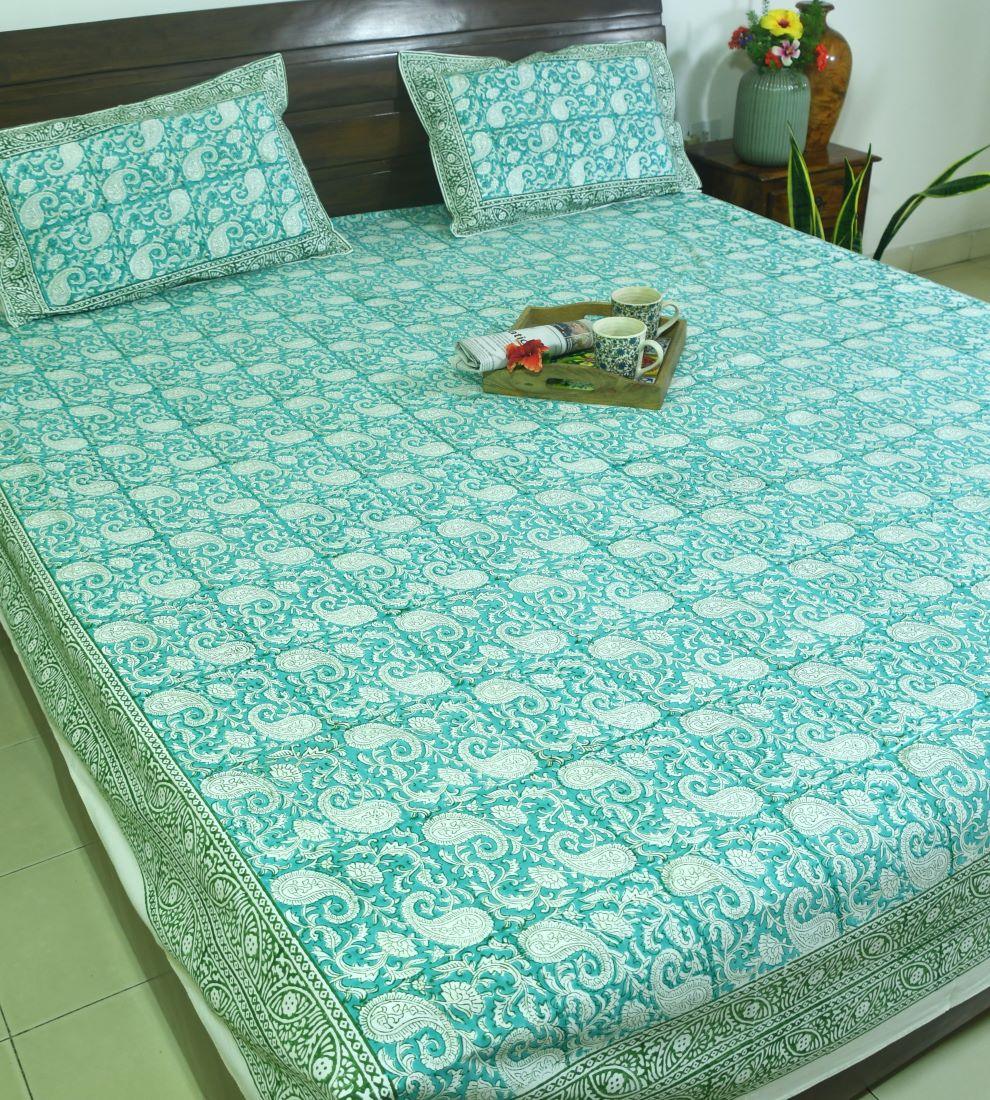 Green Paisley ka Gulistaan Hand Block Bedsheet with 2 Pillow Cover Set - 280TC