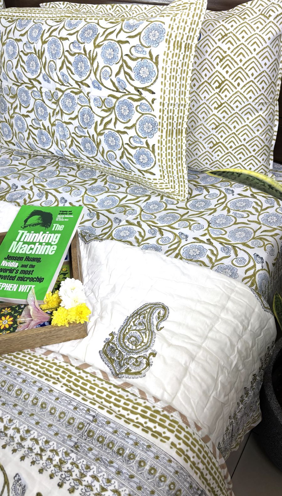 Green Flower Jaal Patterns Hand Block Quilt/ Razai