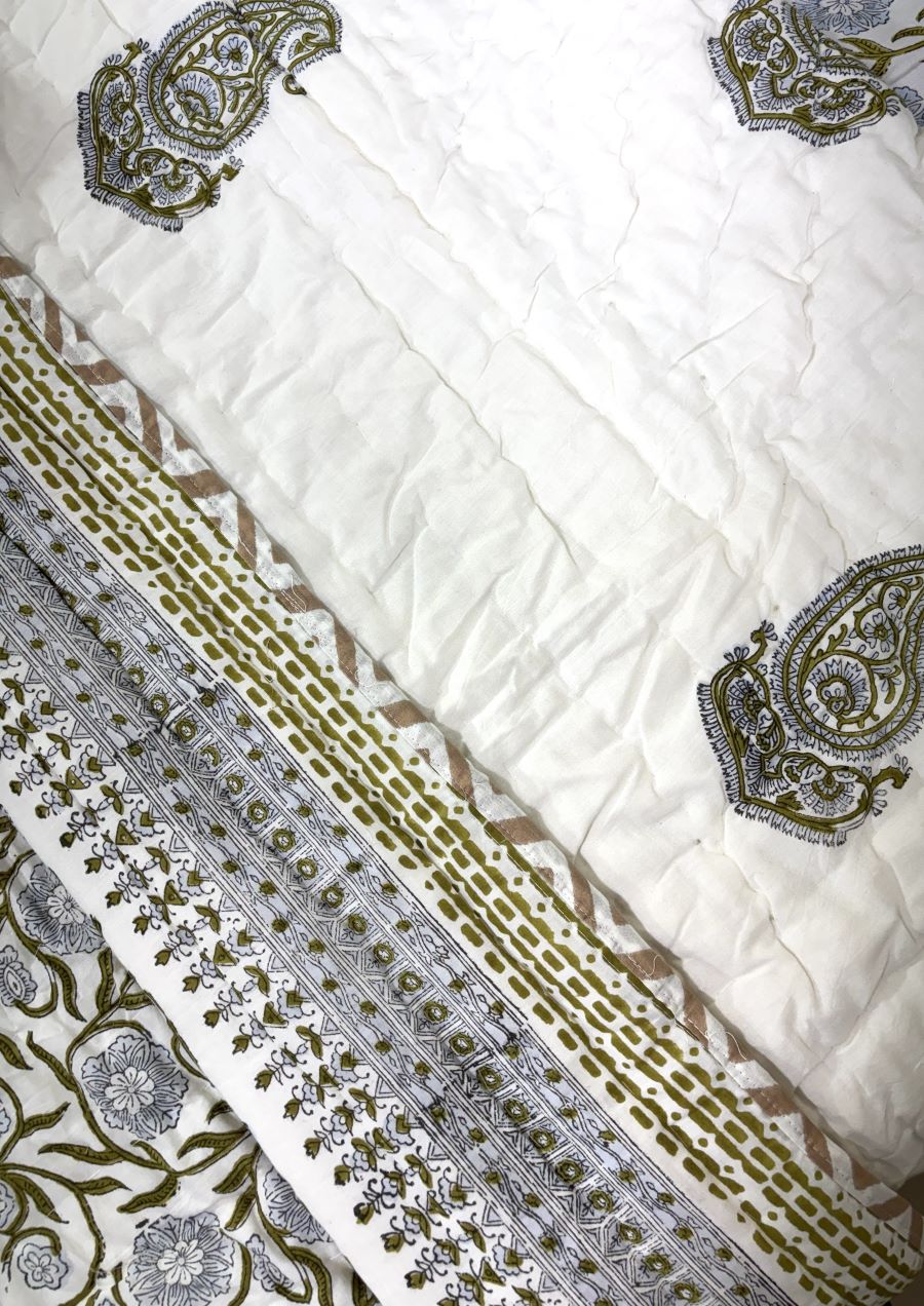 Green Flower Jaal Patterns Hand Block Quilt/ Razai