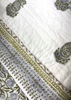 Green Flower Jaal Patterns Hand Block Quilt/ Razai