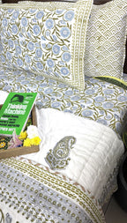 Green Flower Jaal Patterns  Bedsheet & Quilt/ Razai Set - Hand Block Printed