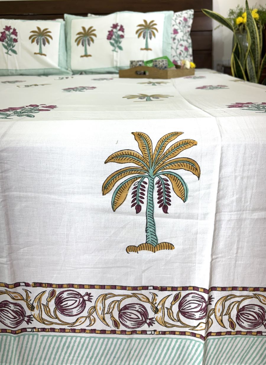 Magenta Pastel Green Palm Tree & Floral Motif Patterns Hand Block Bedsheet with 2 Pillow Cover Set - 400TC