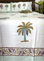 Magenta Pastel Green Palm Tree & Floral Motif Patterns Hand Block Bedsheet with 2 Pillow Cover Set - 400TC