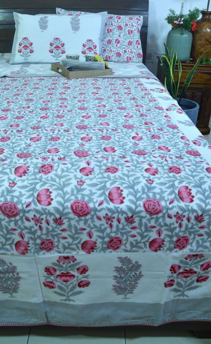 Pink Flower Bedsheet & Dohar Set – Hand Block Printed