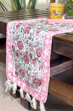 Pink Flower Jaal Hand Block Printed Jute Table Runner