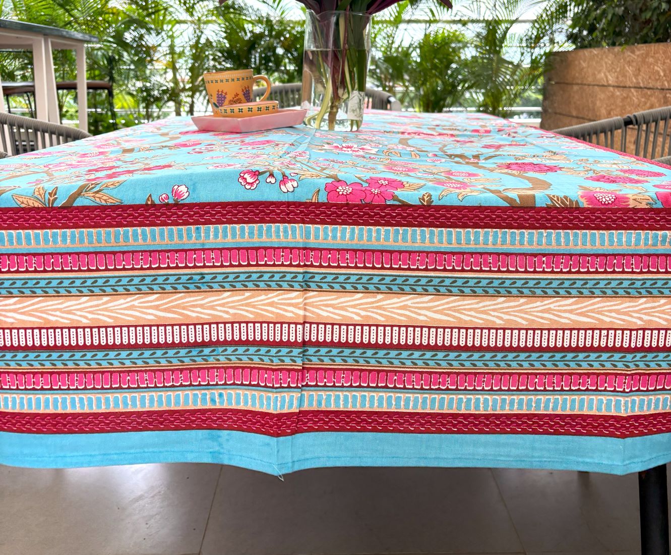 Royal Floral Tree Blue & Pink Hand Block Rectangle  Table Cover / Cloth