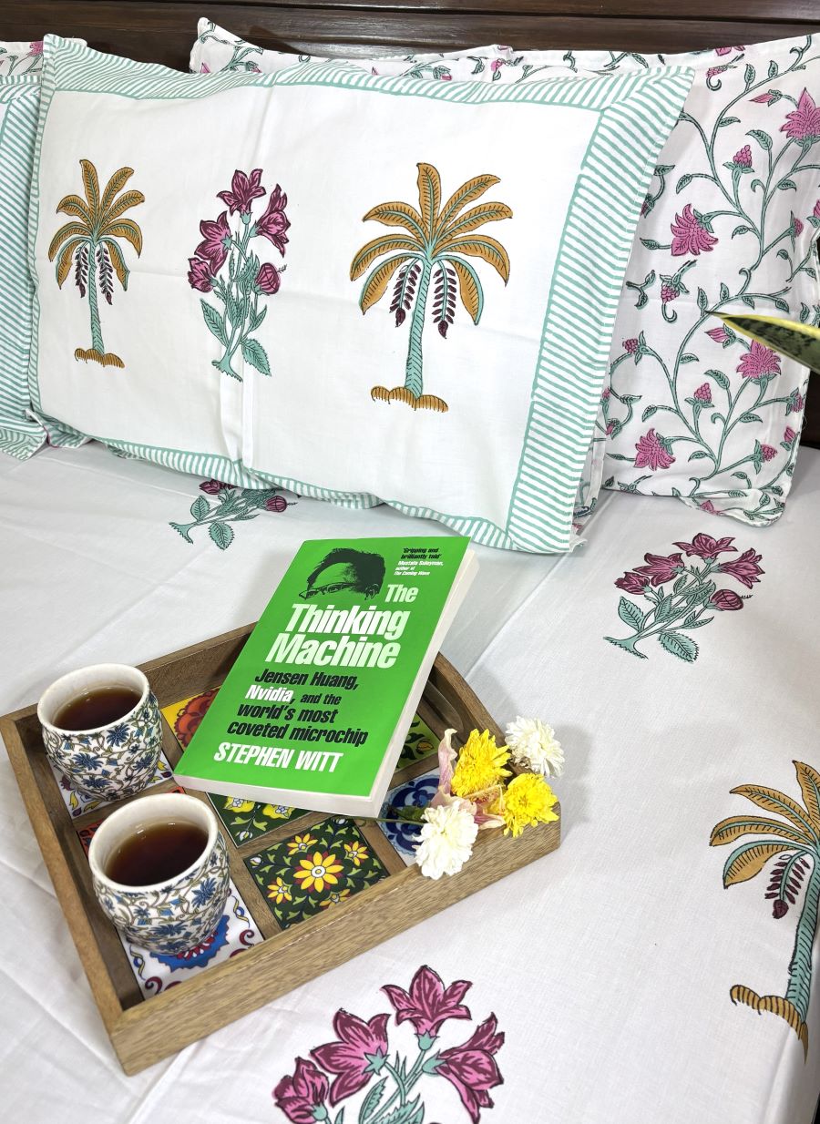 Magenta Pastel Green Palm Tree & Floral Motif Patterns Hand Block Bedsheet with 2 Pillow Cover Set - 400TC