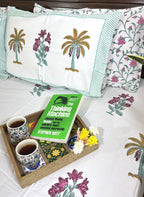 Magenta Pastel Green Palm Tree & Floral Motif Patterns Hand Block Bedsheet with 2 Pillow Cover Set - 400TC
