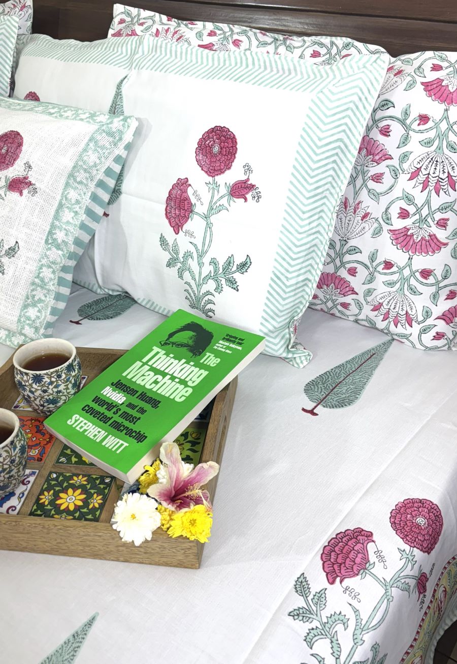 Green & Pink Botanical Floral Tree Patterns Hand Block Bedsheet with 2 Pillow Cover Set - 400TC