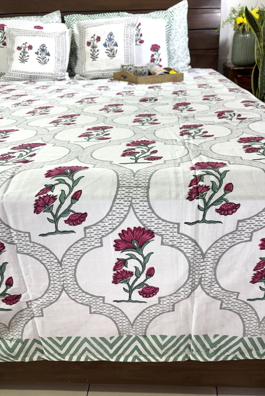 Deep Pink Carnation Flower Patterns Hand Block Bedsheet with 2 Pillow Cover Set - 400TC