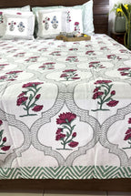 Deep Pink Carnation Flower Patterns Hand Block Bedsheet with 2 Pillow Cover Set - 400TC