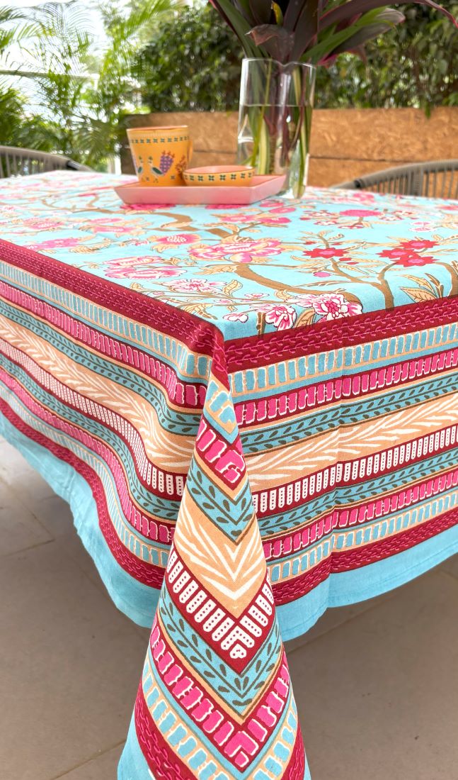 Royal Floral Tree Blue & Pink Hand Block Rectangle  Table Cover / Cloth
