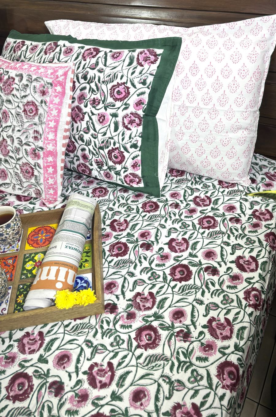 Maroon, Pink & Green Floral Patterns Hand Block Bedsheet with 2 Pillow Cover Set - 400TC