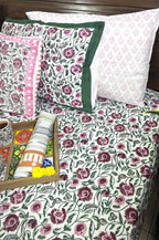 Maroon, Pink & Green Floral Patterns Hand Block Bedsheet with 2 Pillow Cover Set - 400TC